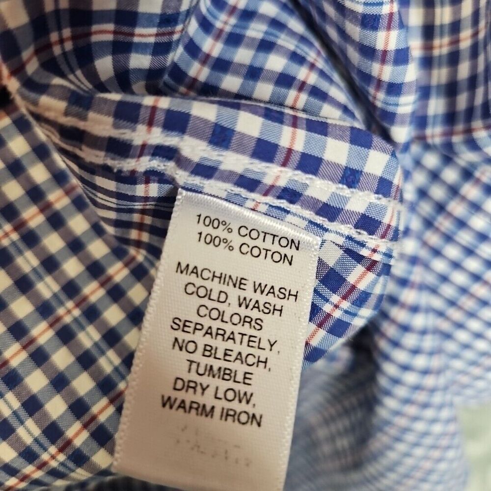 Saks Fifth Avenue blue red white plaid slim fit button front shirt 17 34-35 cot - Picture 6 of 11